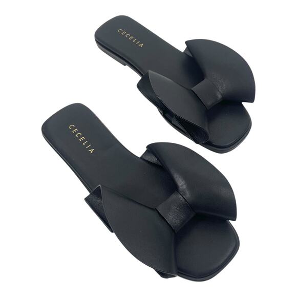 Cecelia Wendy Vamp Bow Open Toe Leather Slide Flat Sandal Black Size 6 - Picture 4 of 14